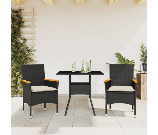 Set comedor jardín 3 pzas cojines ratán sintético vidrio negro