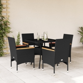Set comedor jardín 5 pzas cojines ratán sintético vidrio negro