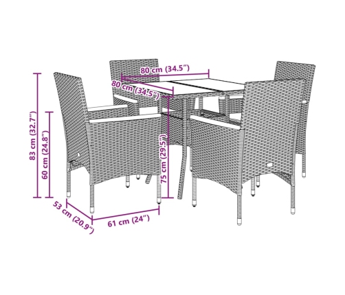 Set comedor jardín 5 pzas y cojines ratán sintético vidrio gris