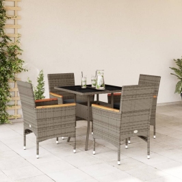 Set comedor jardín 5 pzas y cojines ratán sintético vidrio gris