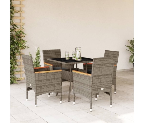 Set comedor jardín 5 pzas y cojines ratán sintético vidrio gris