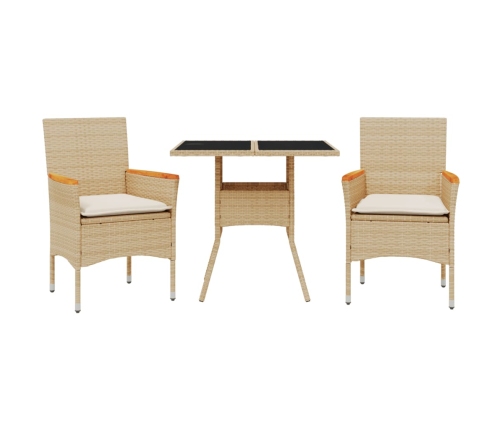 Set comedor jardín 3 pzas cojines ratán sintético vidrio beige