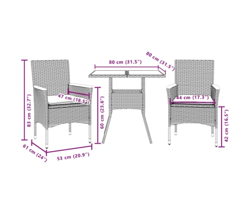 Set comedor jardín 3 pzas cojines ratán sintético vidrio beige