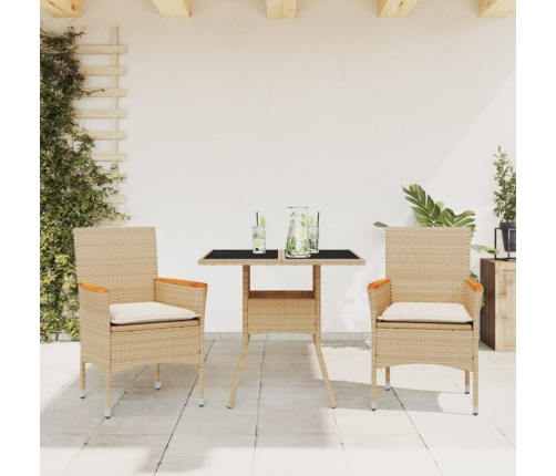 Set comedor jardín 3 pzas cojines ratán sintético vidrio beige
