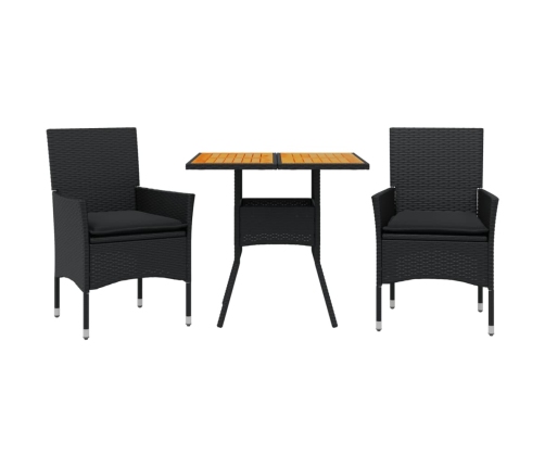 Set de comedor jardín 3 pzas con cojines ratán PE acacia negro