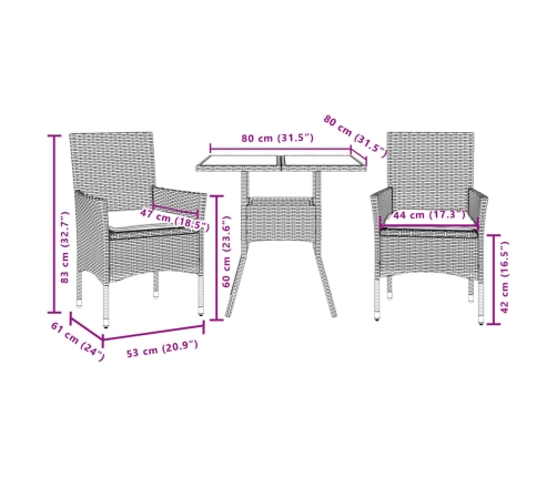 Set de comedor jardín 3 pzas con cojines ratán PE acacia negro