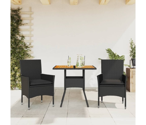 Set de comedor jardín 3 pzas con cojines ratán PE acacia negro