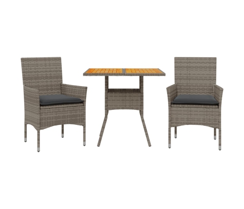 Set de comedor jardín 3 pzas con cojines ratán PE acacia gris