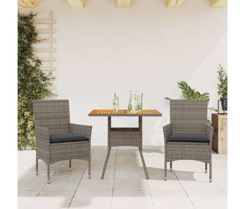 Set de comedor jardín 3 pzas con cojines ratán PE acacia gris