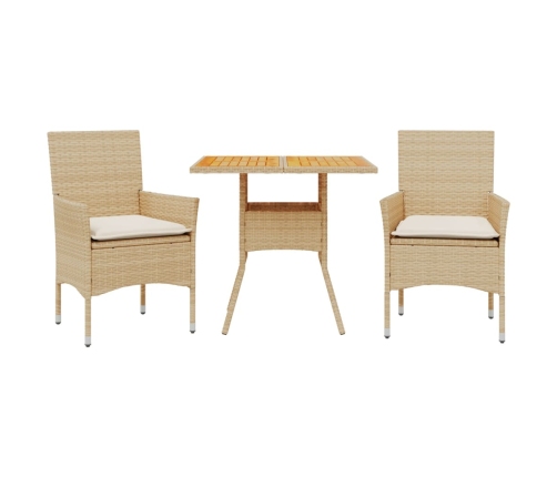 Set de comedor jardín 3 pzas con cojines ratán PE acacia beige