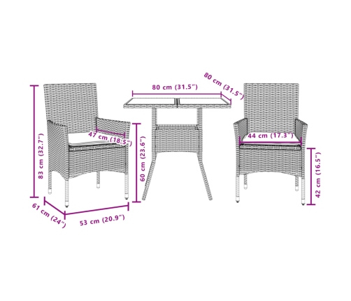 Set de comedor jardín 3 pzas con cojines ratán PE acacia beige