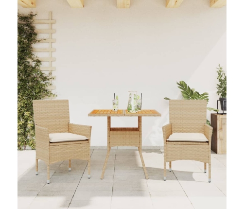 Set de comedor jardín 3 pzas con cojines ratán PE acacia beige