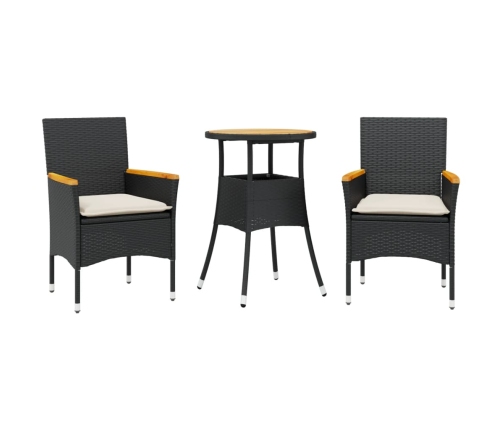 Set de comedor jardín 3 pzas con cojines ratán PE acacia negro