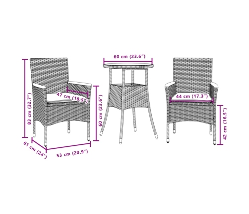 Set de comedor jardín 3 pzas con cojines ratán PE acacia negro