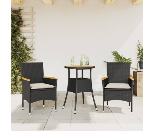 Set de comedor jardín 3 pzas con cojines ratán PE acacia negro