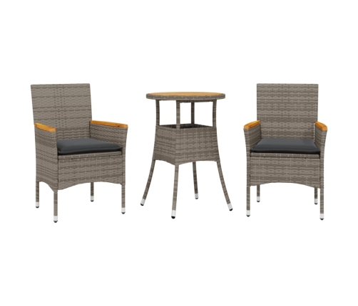 Set de comedor jardín 3 pzas con cojines ratán PE acacia gris