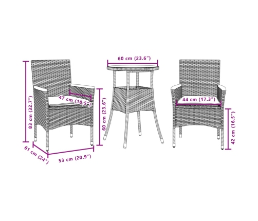 Set de comedor jardín 3 pzas con cojines ratán PE acacia gris