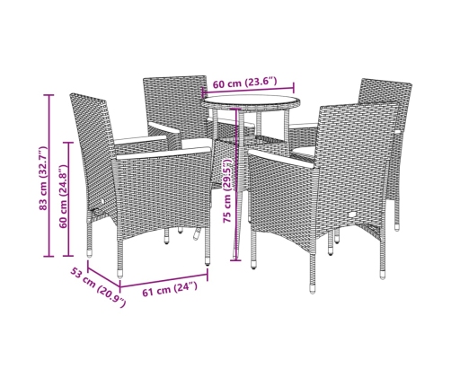 Set de comedor jardín 5 pzas con cojines ratán PE acacia gris