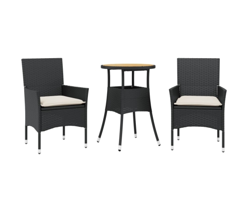 Set de comedor jardín 3 pzas con cojines ratán PE acacia negro