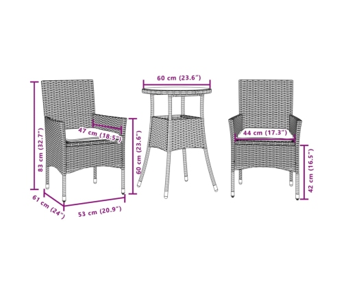 Set de comedor jardín 3 pzas con cojines ratán PE acacia negro