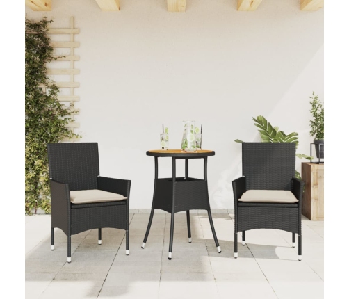 Set de comedor jardín 3 pzas con cojines ratán PE acacia negro