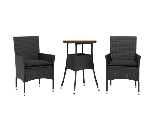 Set de comedor jardín 3 pzas con cojines ratán PE acacia negro