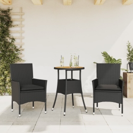 Set de comedor jardín 3 pzas con cojines ratán PE acacia negro