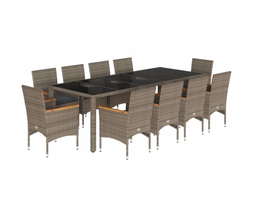 Set comedor jardín 11 pzas cojines ratán sintético vidrio gris