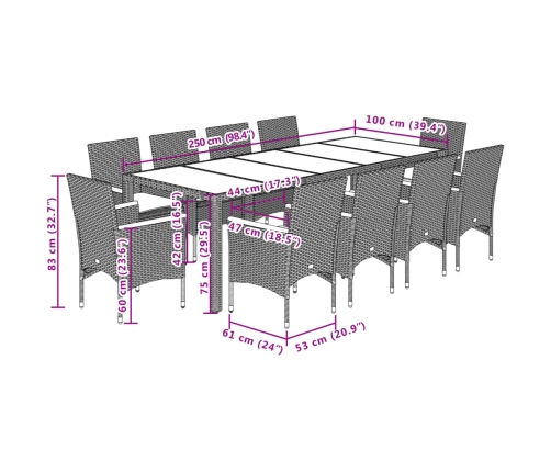 Set comedor jardín 11 pzas cojines ratán sintético vidrio gris