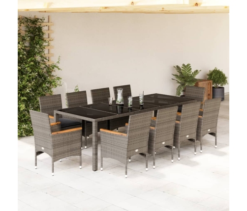 Set comedor jardín 11 pzas cojines ratán sintético vidrio gris