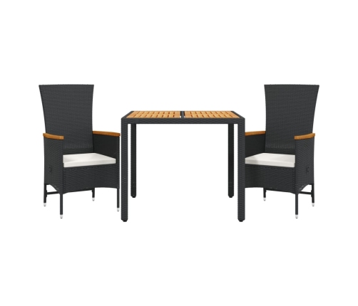 Set comedor de jardín 3 pzas con cojines ratán sintético negro