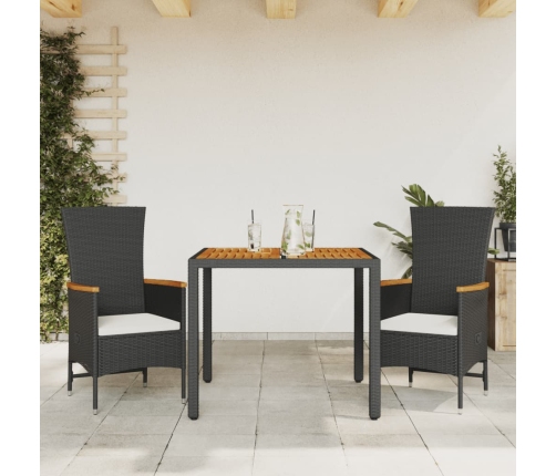 Set comedor de jardín 3 pzas con cojines ratán sintético negro