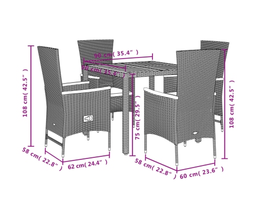 Set de muebles jardín 5 pzas con cojines ratán sintético negro