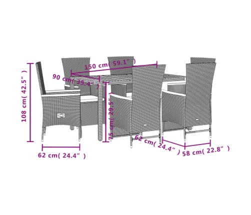 Set de comedor de jardín 7 pzas y cojines ratán sintético negro