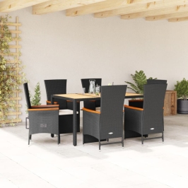 Set de comedor de jardín 7 pzas y cojines ratán sintético negro