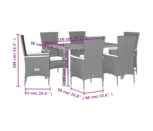Set de comedor de jardín 7 pzas y cojines ratán sintético negro