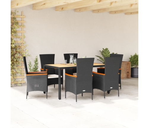 Set de comedor de jardín 7 pzas y cojines ratán sintético negro