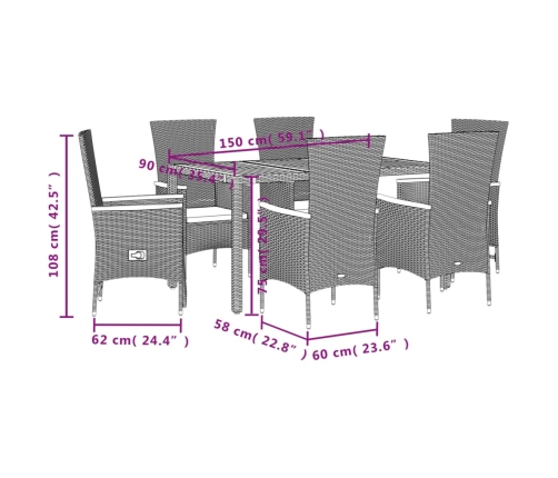 Set de comedor de jardín 7 pzas y cojines ratán sintético negro