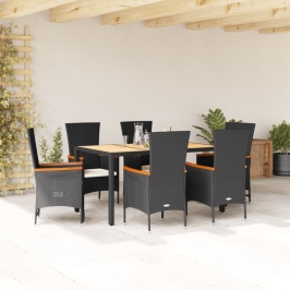 Set de comedor de jardín 7 pzas y cojines ratán sintético negro