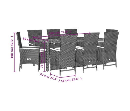 Set de comedor de jardín 9 pzas y cojines ratán sintético negro
