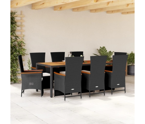 Set de comedor de jardín 9 pzas y cojines ratán sintético negro