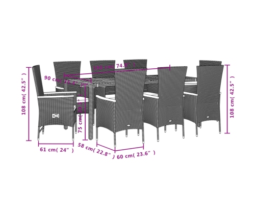 Set de comedor de jardín 9 pzas y cojines ratán sintético negro