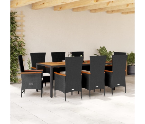 Set de comedor de jardín 9 pzas y cojines ratán sintético negro