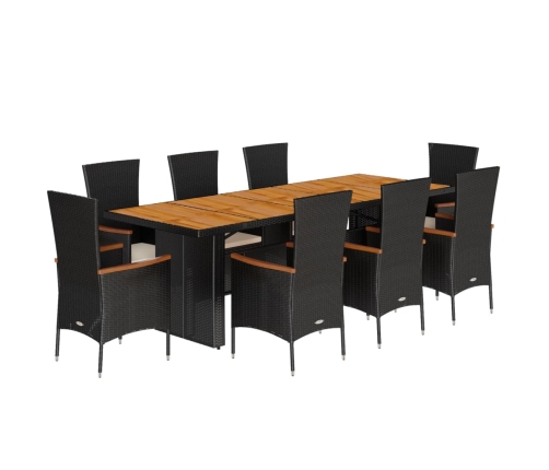Set de comedor de jardín 9 pzas y cojines ratán sintético negro