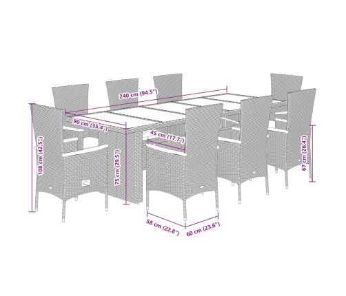 Set de comedor de jardín 9 pzas y cojines ratán sintético negro