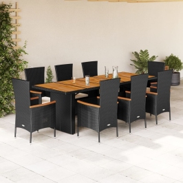 Set de comedor de jardín 9 pzas y cojines ratán sintético negro