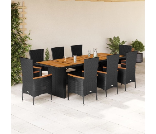 Set de comedor de jardín 9 pzas y cojines ratán sintético negro