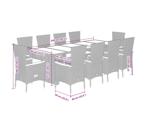 Set de comedor jardín 11 pzas con cojines ratán sintético negro
