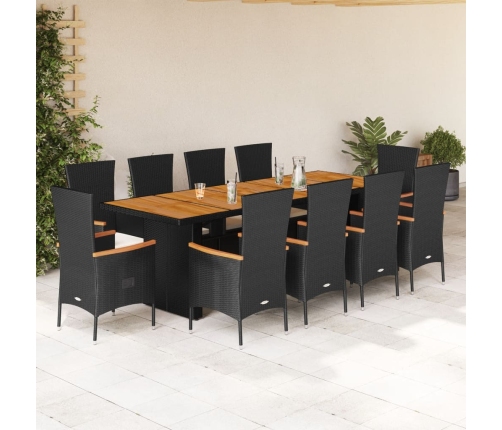 Set de comedor jardín 11 pzas con cojines ratán sintético negro