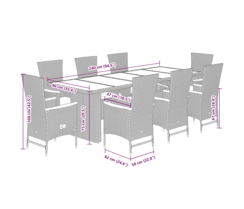 Set de comedor de jardín 9 pzas y cojines ratán sintético negro